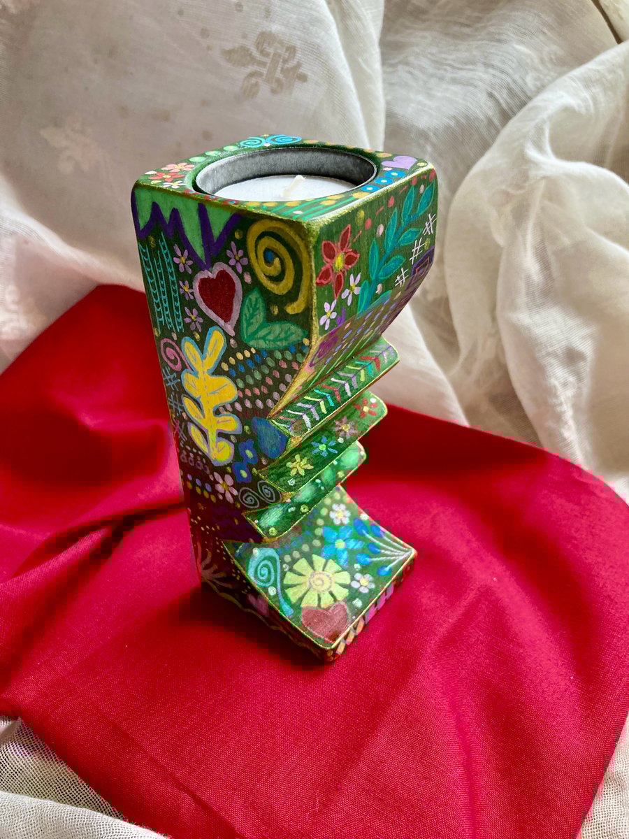 Upcycled unique hand painted tea light holder