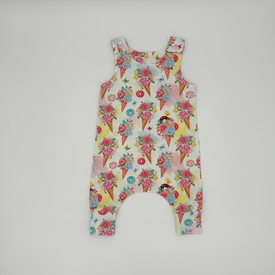 Summer Ice Cream Doughnut print cotton jersey handmade baby dungarees