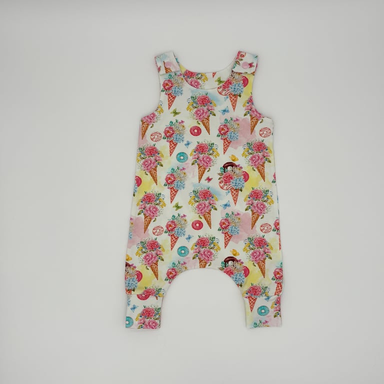 Summer Ice Cream Doughnut print cotton jersey handmade baby dungarees