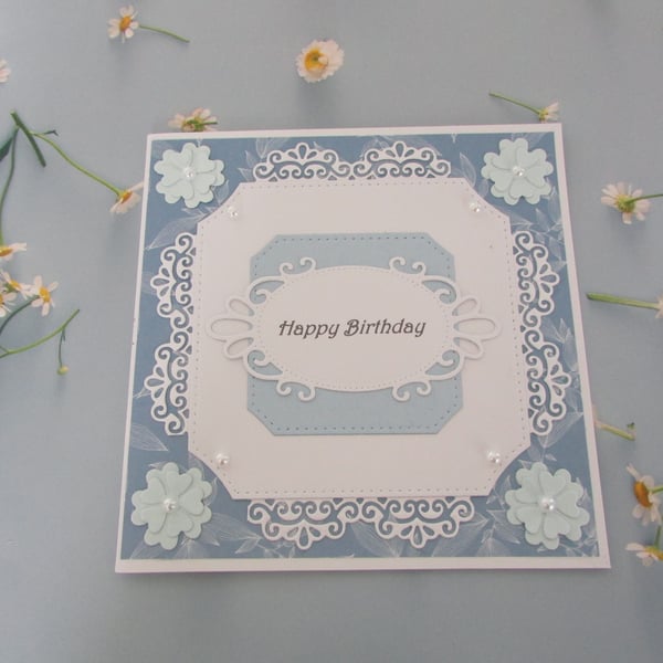 Luxury Birthday Card Blue & White Die with Flowers & White Pearls