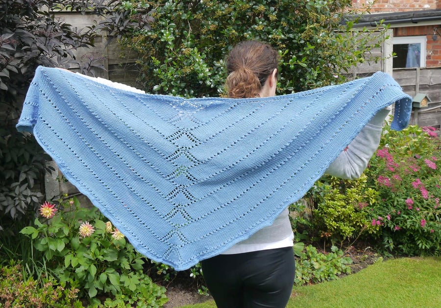 Forget-me-not Blue Hand Knitted Shawl, Merino and Cotton