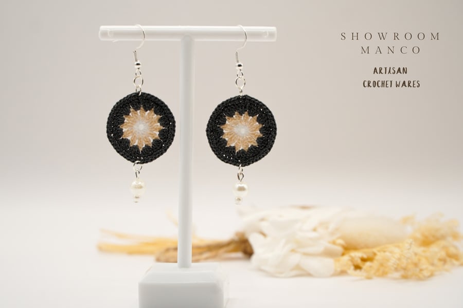 Grey crochet drop earrings, round earrings, floral motif, Mother’s Day gift