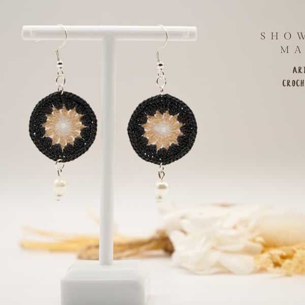 Grey crochet drop earrings, round earrings, floral motif, Mother’s Day gift