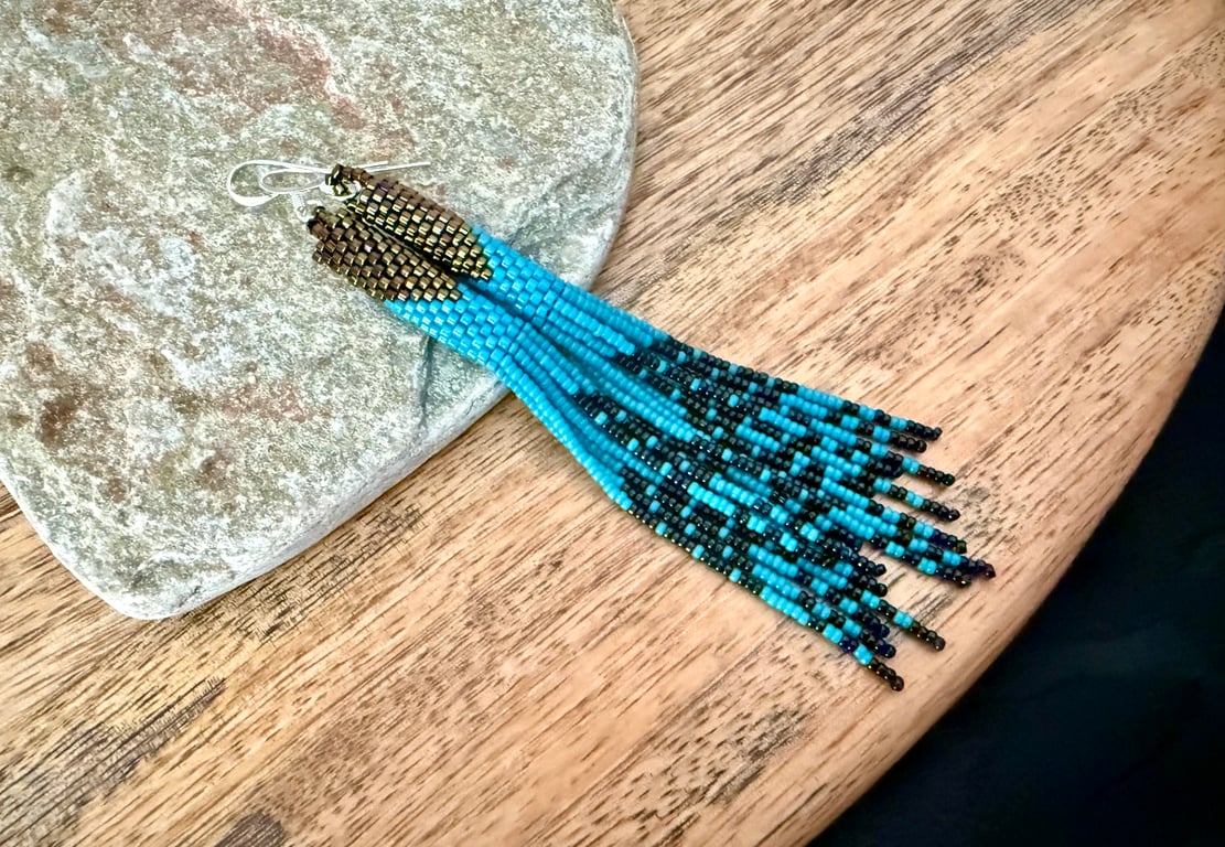 Handmade beaded fringe tube earrings in turquoise blue black and dark chocolate 