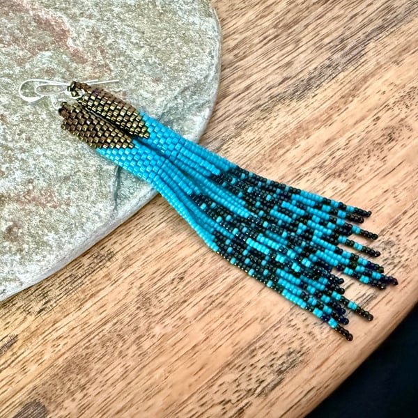 Handmade beaded fringe tube earrings in turquoise blue black and dark chocolate 