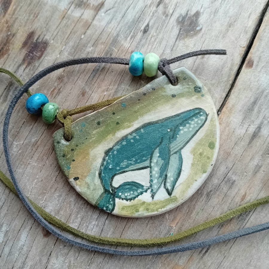 Humpback whale necklace pendant rustic porcelain clay crackle
