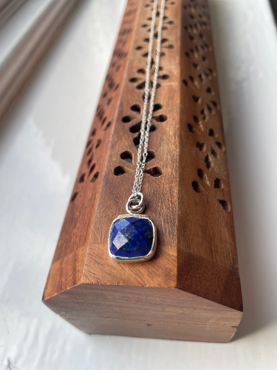 Lapis lazuli pendant Square faceted gemstone Sterling Silver with 18inch chain