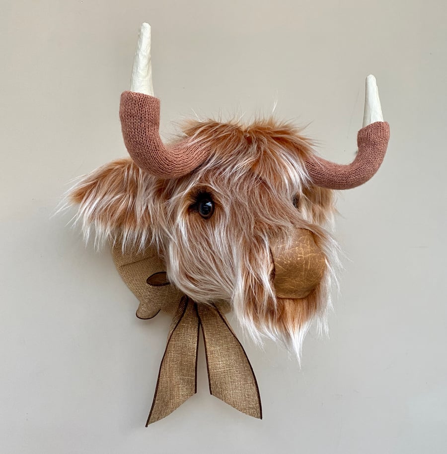 Faux taxidermy furry Highland Cow Coo animal head wall mount with bow