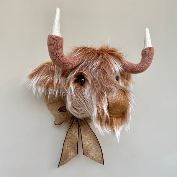 Faux taxidermy furry Highland Cow Coo animal head wall mount with bow