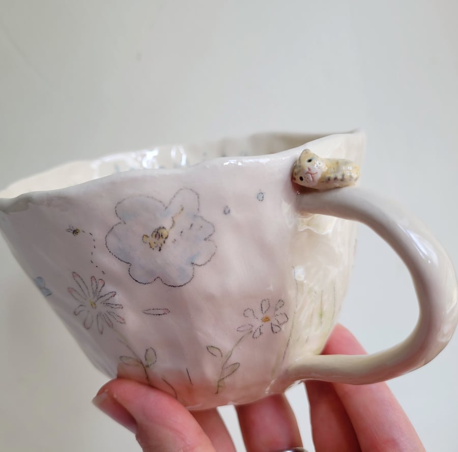 Made to order cat cup with tiny cat, painted wild flowers & daydreaming words