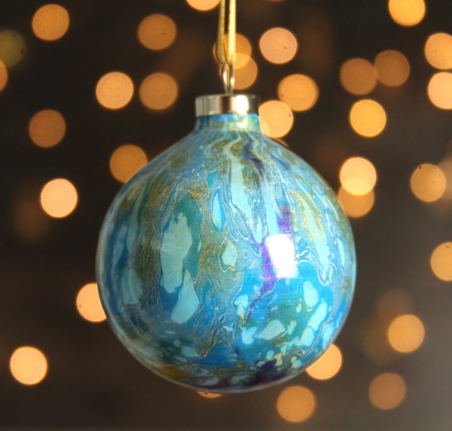 Christmas bauble double marbled gold blue ceramic decoration 