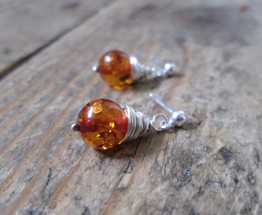 Wire-wrapped Amber Earrings - Amber Stud Earrings, Sterling Silver