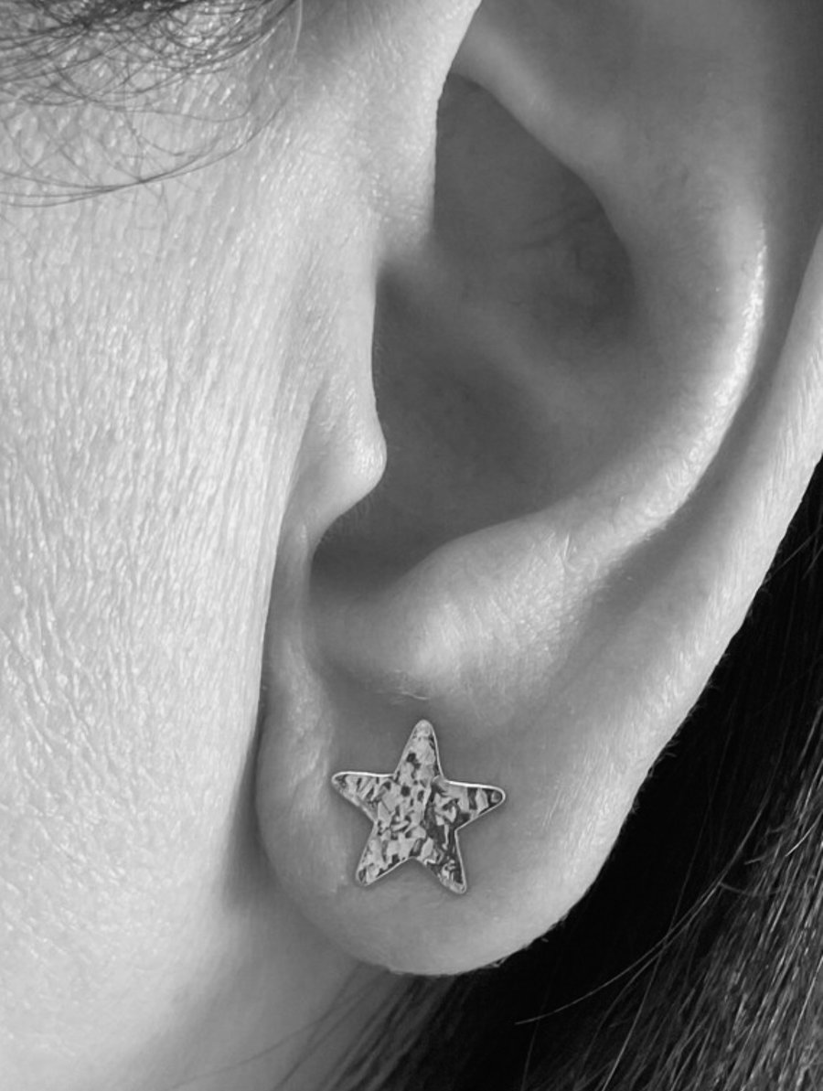 Sterling Silver Star Ear Stud Earrings 10mm - Hammered-Sparkly - Handmade