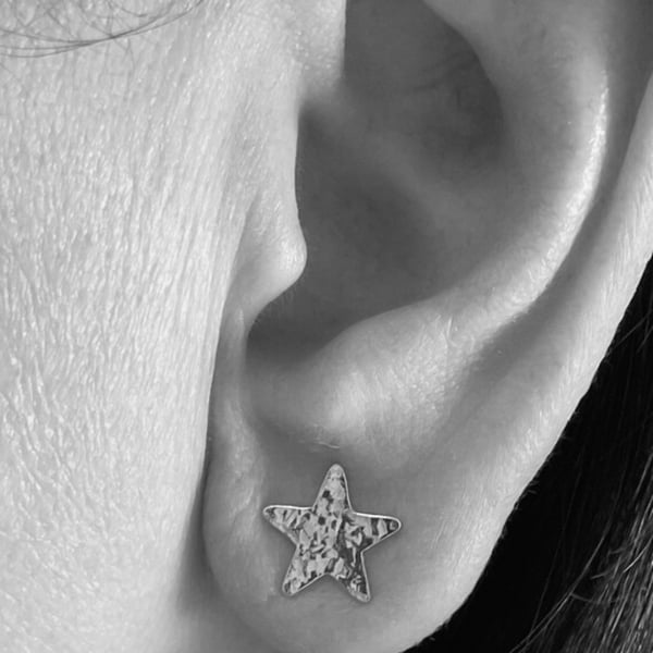 Sterling Silver Star Ear Stud Earrings 10mm - Hammered-Sparkly - Handmade
