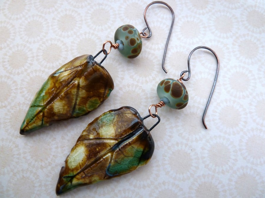 copper, lampwork and ceramic leaf earrings