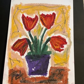 Tulips. Original oil pastel drawing. Unframed. Spring time. Easter. Flowers 