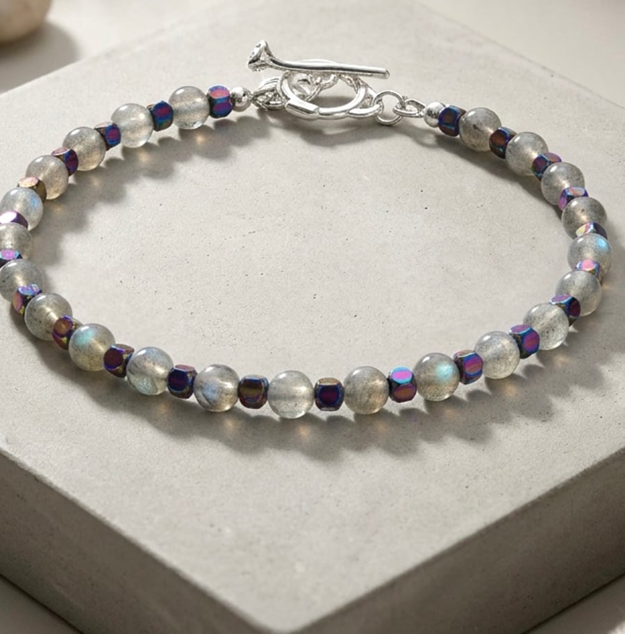  Labradorite and Rainbow Hematite Gemstone Bracelet