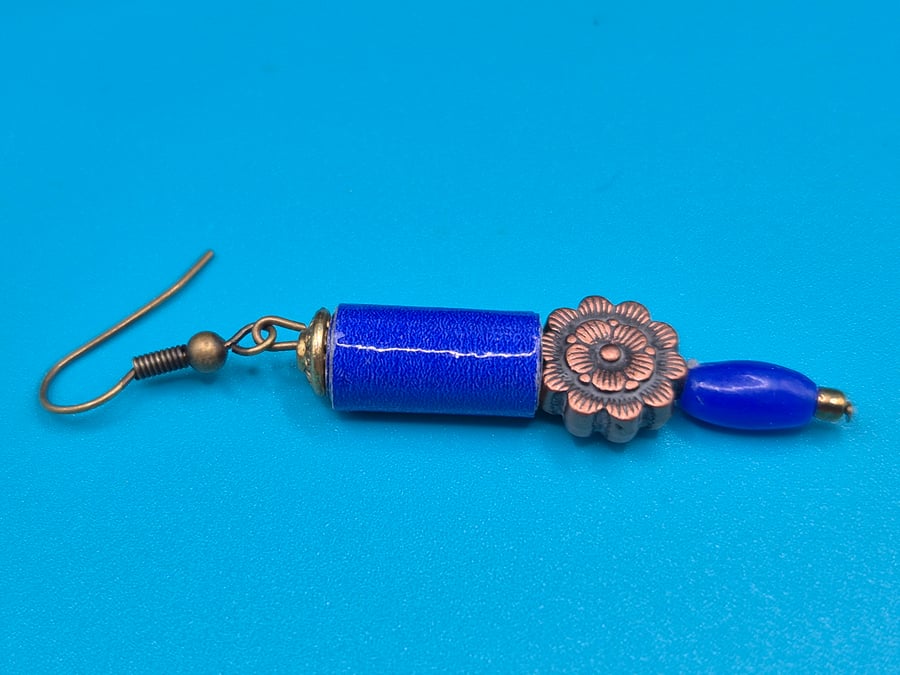 Midnight blue paper beaded earrings with bronze tone flower bead
