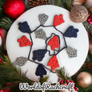 Crochet red blue silver sparkle yarn christmas tree bunting