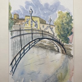 Watercolour of Hapenny Bridge, Dublin. 