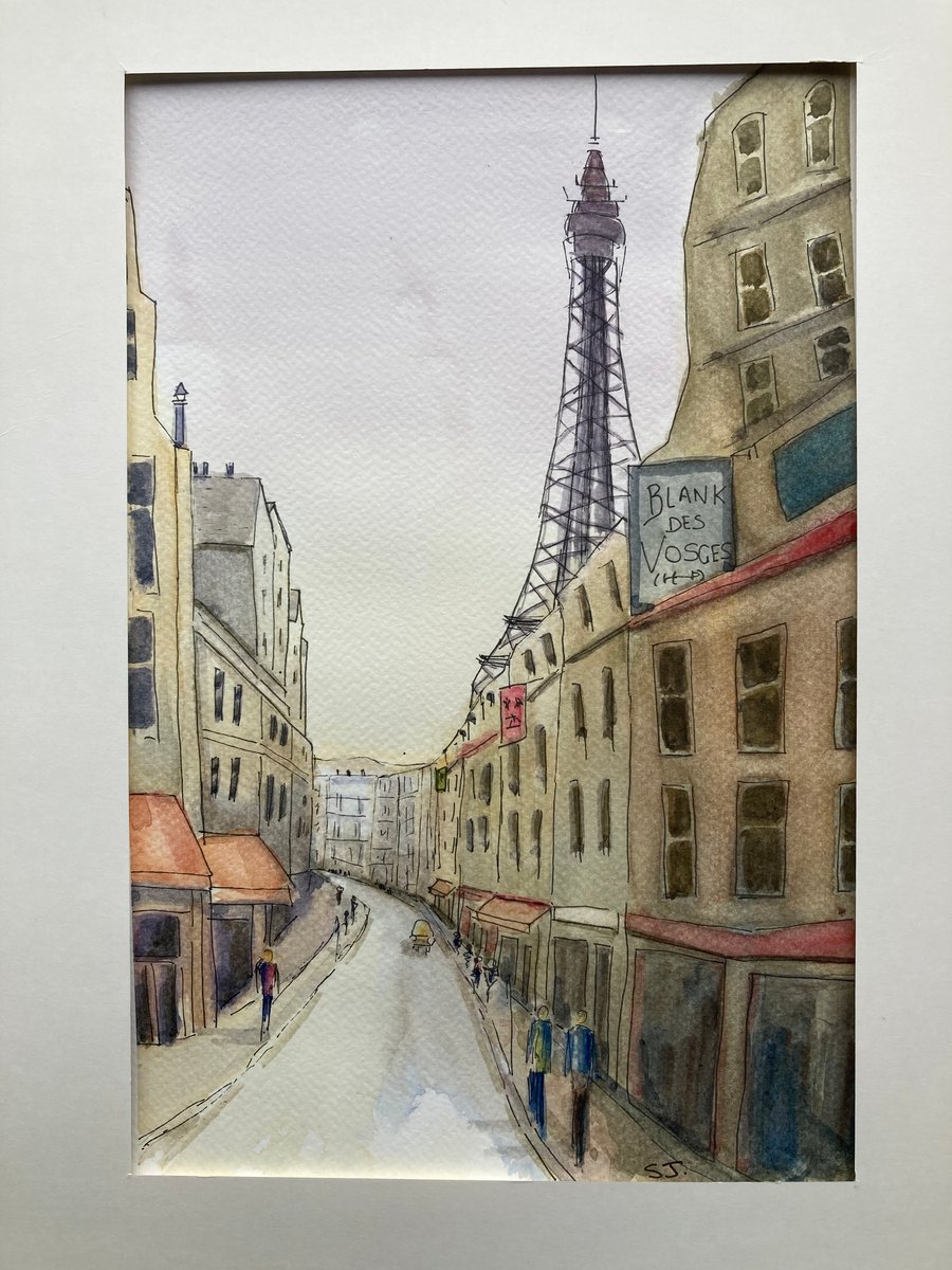 Original A4 watercolour of street in Paris with Eiffel Tower. French landscape 