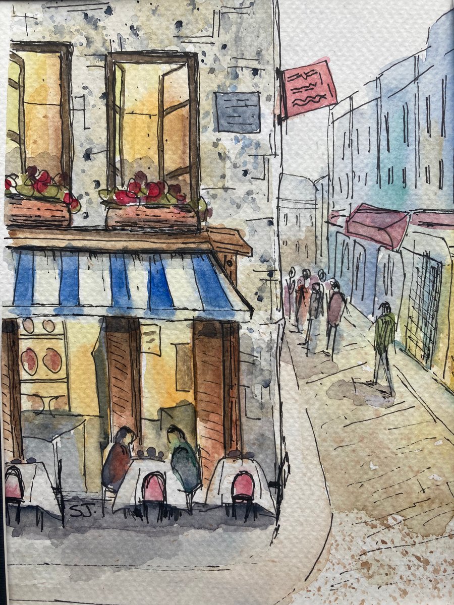 Watercolour of Paris cafe. A5 landscape of French cafe. 