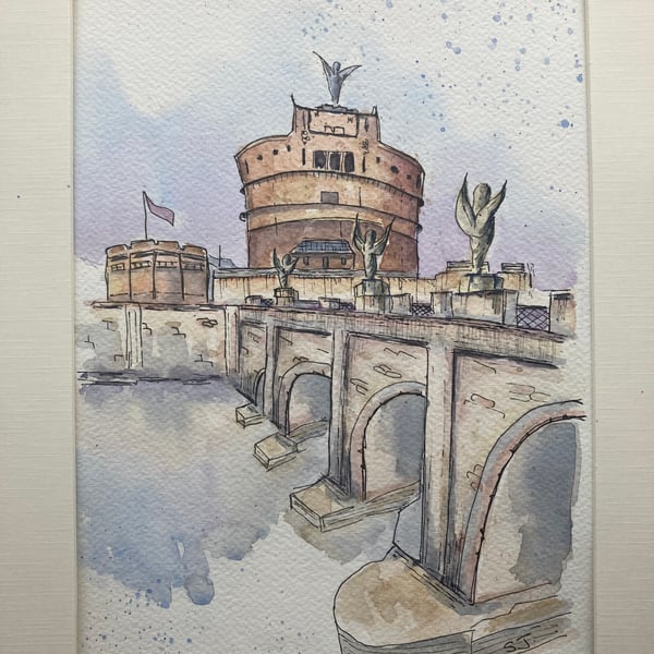 Watercolour of Ponte Saint Angelo Bridge, Rome.  