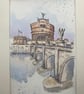 Watercolour of Ponte Saint Angelo Bridge, Rome.  