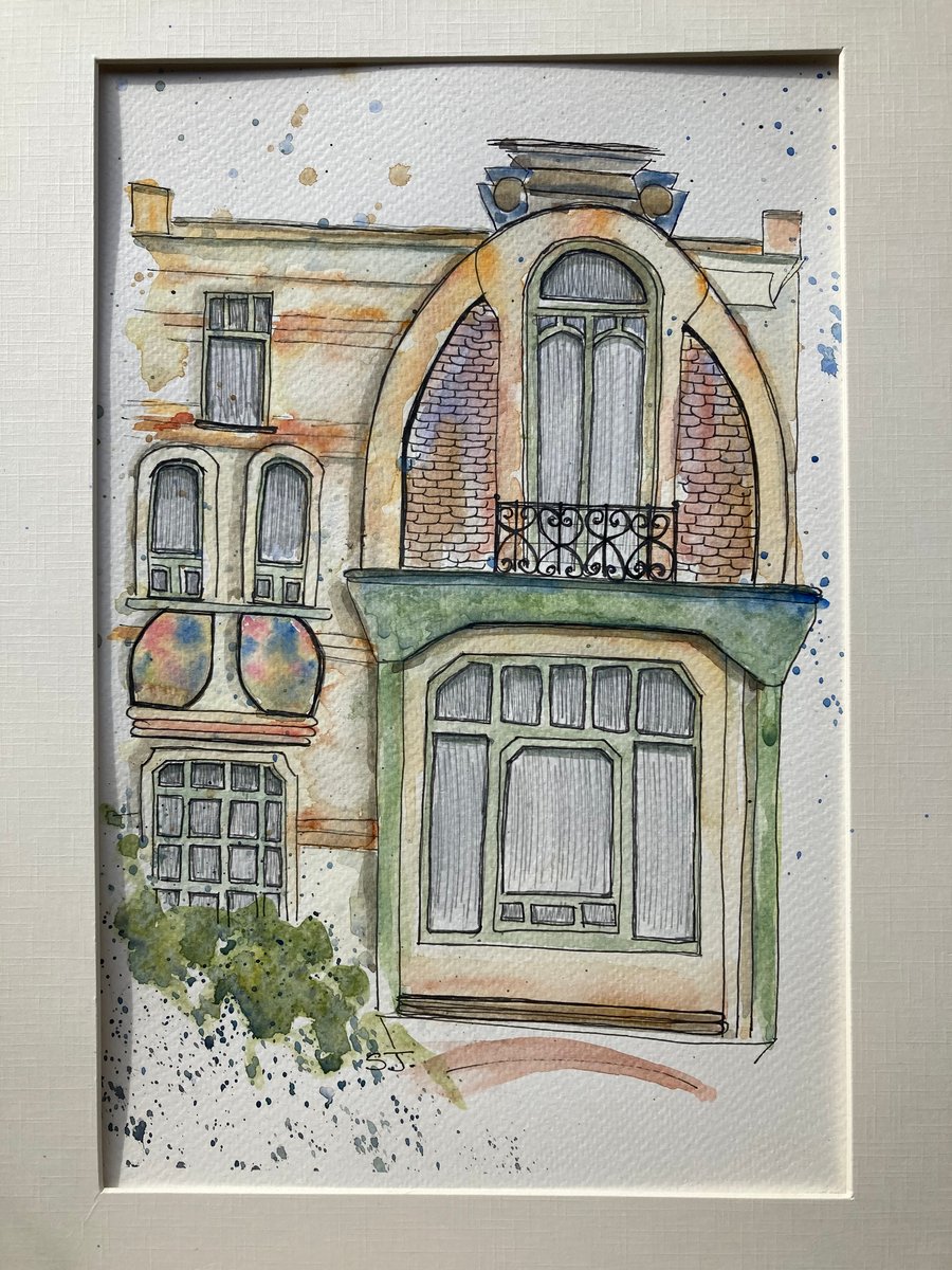 Watercolour of an Art Deco house in Brussels, Belgium. Urban sketch. 