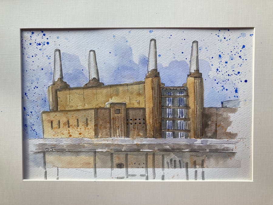 Watercolour of Battersea Power Station, urban sketch. Landscape of London 