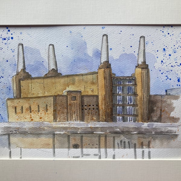 Watercolour of Battersea Power Station, urban sketch. Landscape of London 