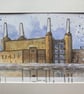 Watercolour of Battersea Power Station, urban sketch. Landscape of London 