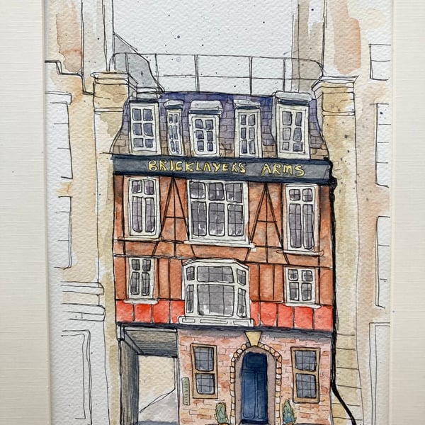 Watercolour of the Bricklayers Arms Fitzrovia London travel art UK