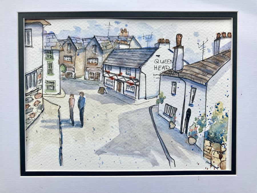 Watercolour of Hawkshead village Cumbria painting of the Lake District 