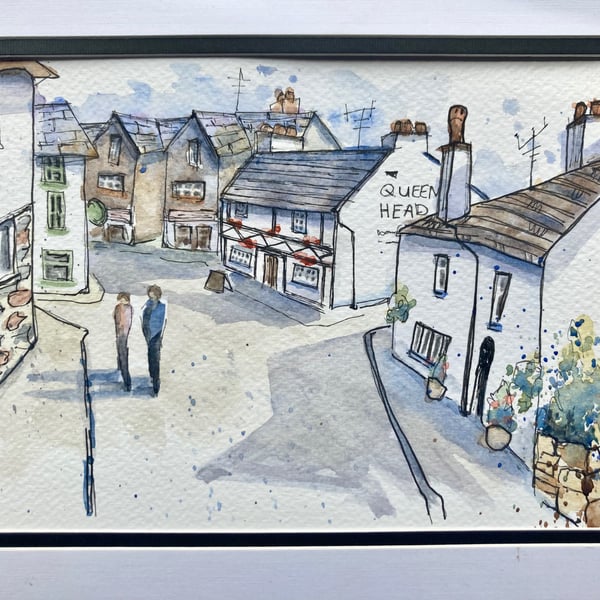 Watercolour of Hawkshead village Cumbria painting of the Lake District 