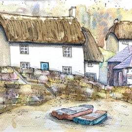 Watercolour of Cornish cottages landscape of Cornwall 