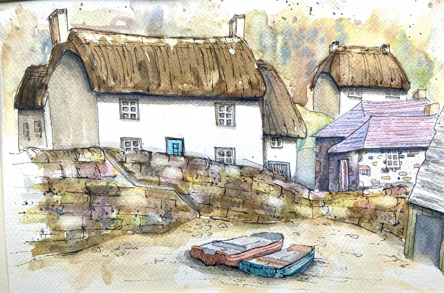 Watercolour of Cornish cottages landscape of Cornwall 