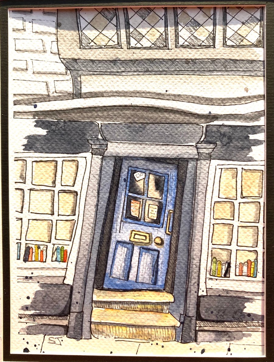 Watercolour of Kings English bookshop Cambridge UK 