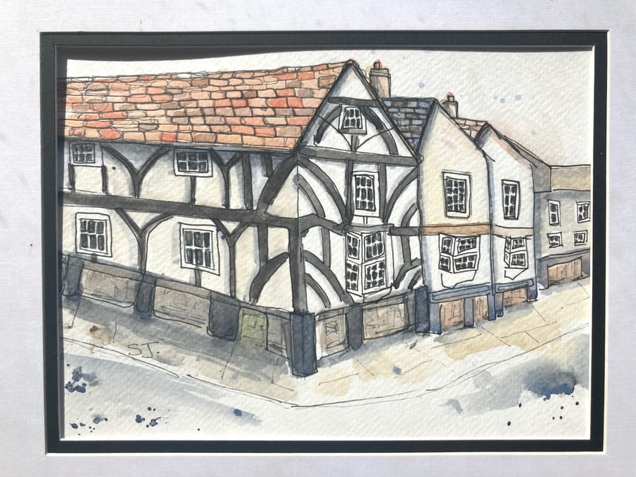 Original A5 watercolour of shopping street in York Yorkshire