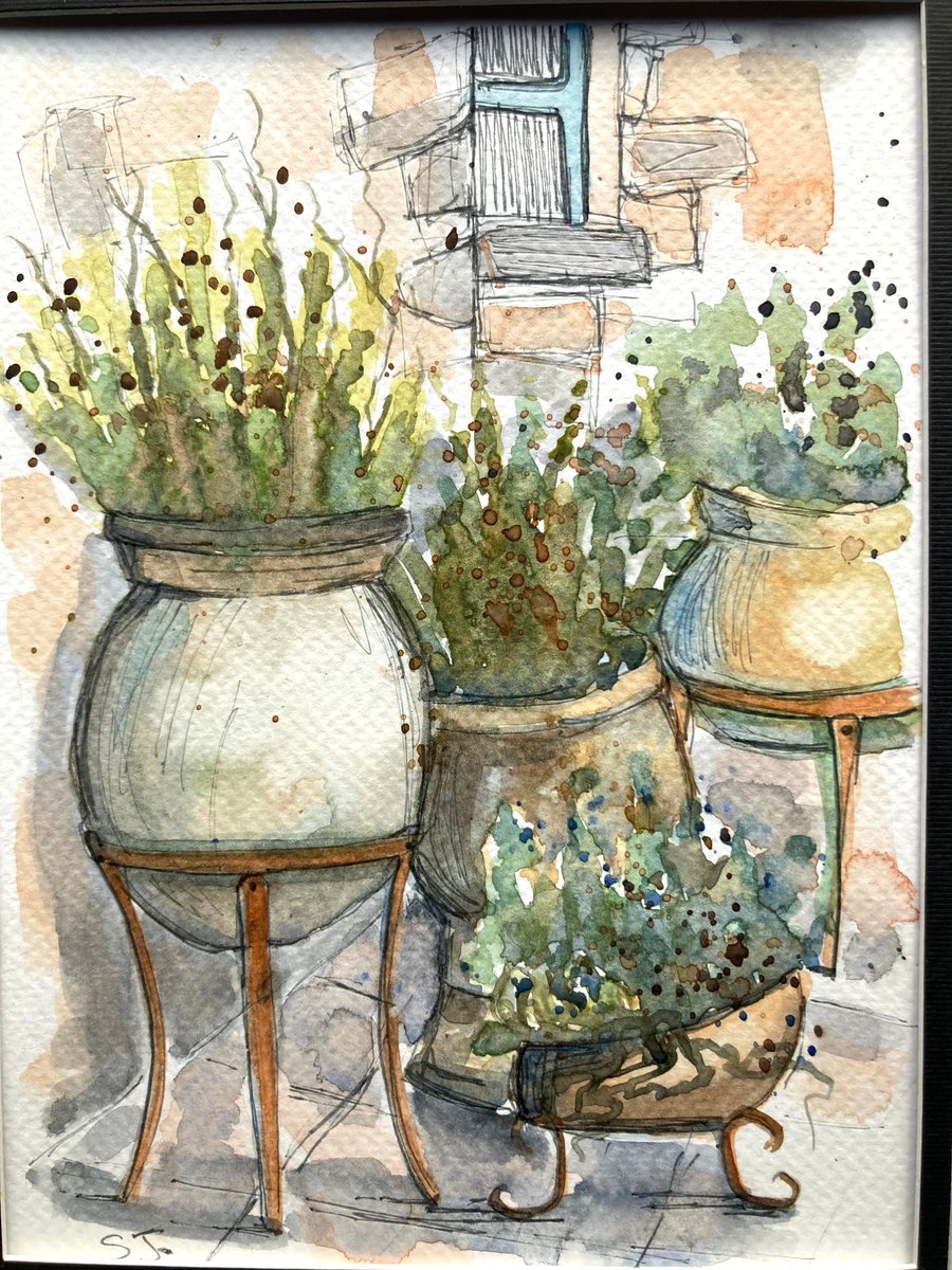 Original A5 watercolour of a French Garden potted plants