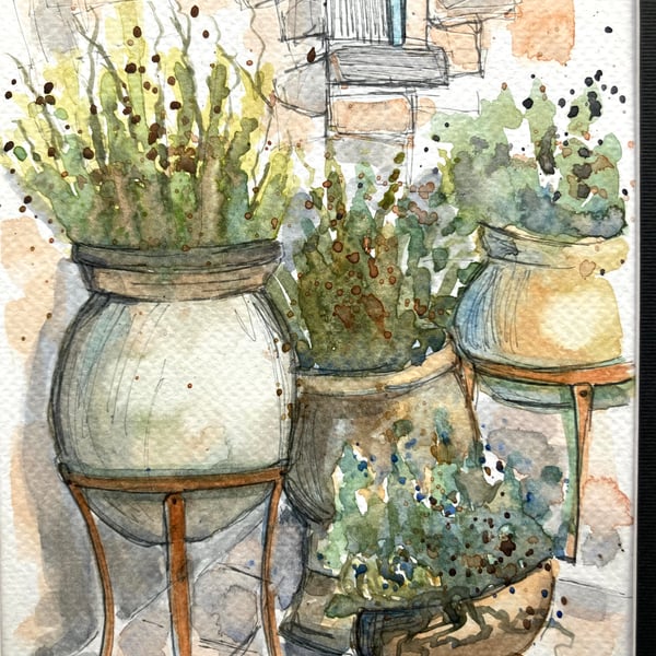 Original A5 watercolour of a French Garden potted plants
