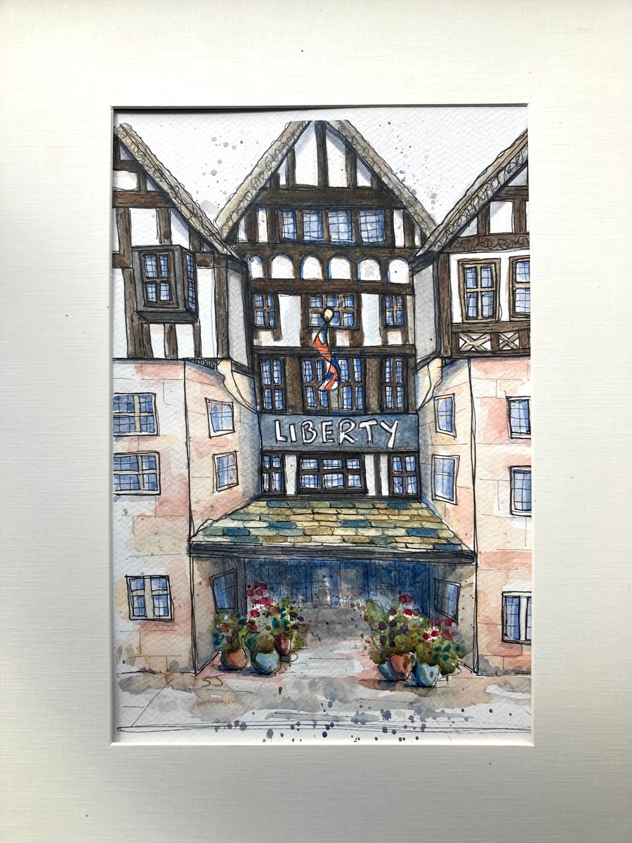 Original A4 watercolour of Liberty of London shop front UK 