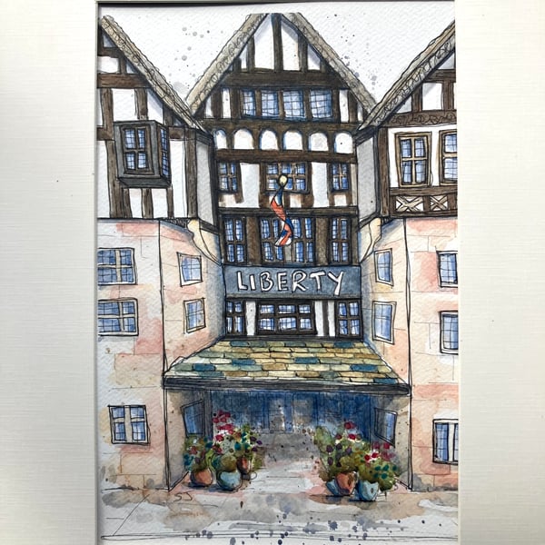 Original A4 watercolour of Liberty of London shop front UK 