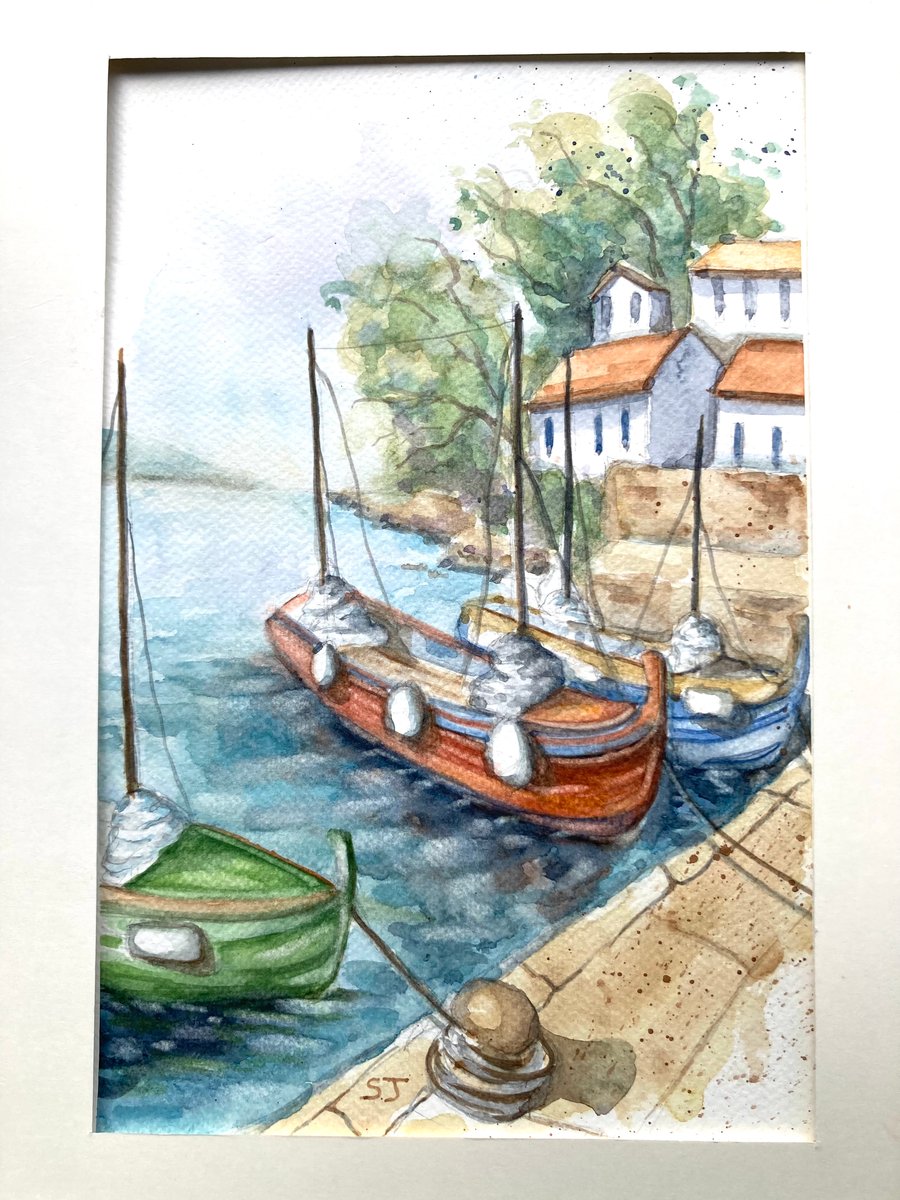 OriginalA4 watercolour of Mediterranean Harbour with boats 