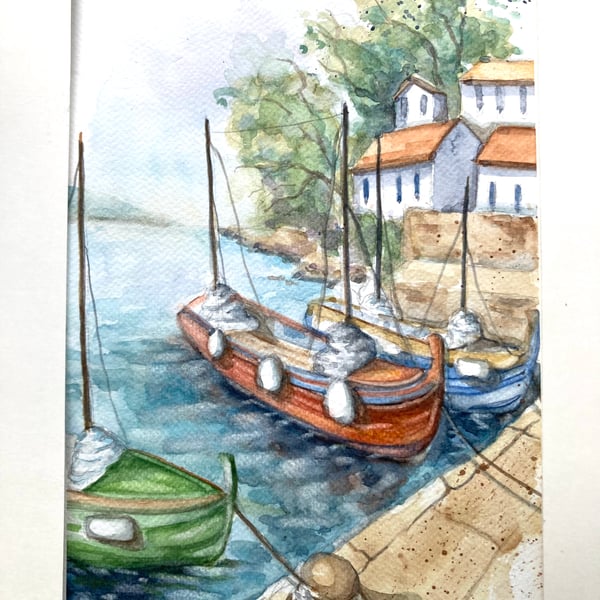 OriginalA4 watercolour of Mediterranean Harbour with boats perfectly imperfect