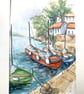 OriginalA4 watercolour of Mediterranean Harbour with boats 