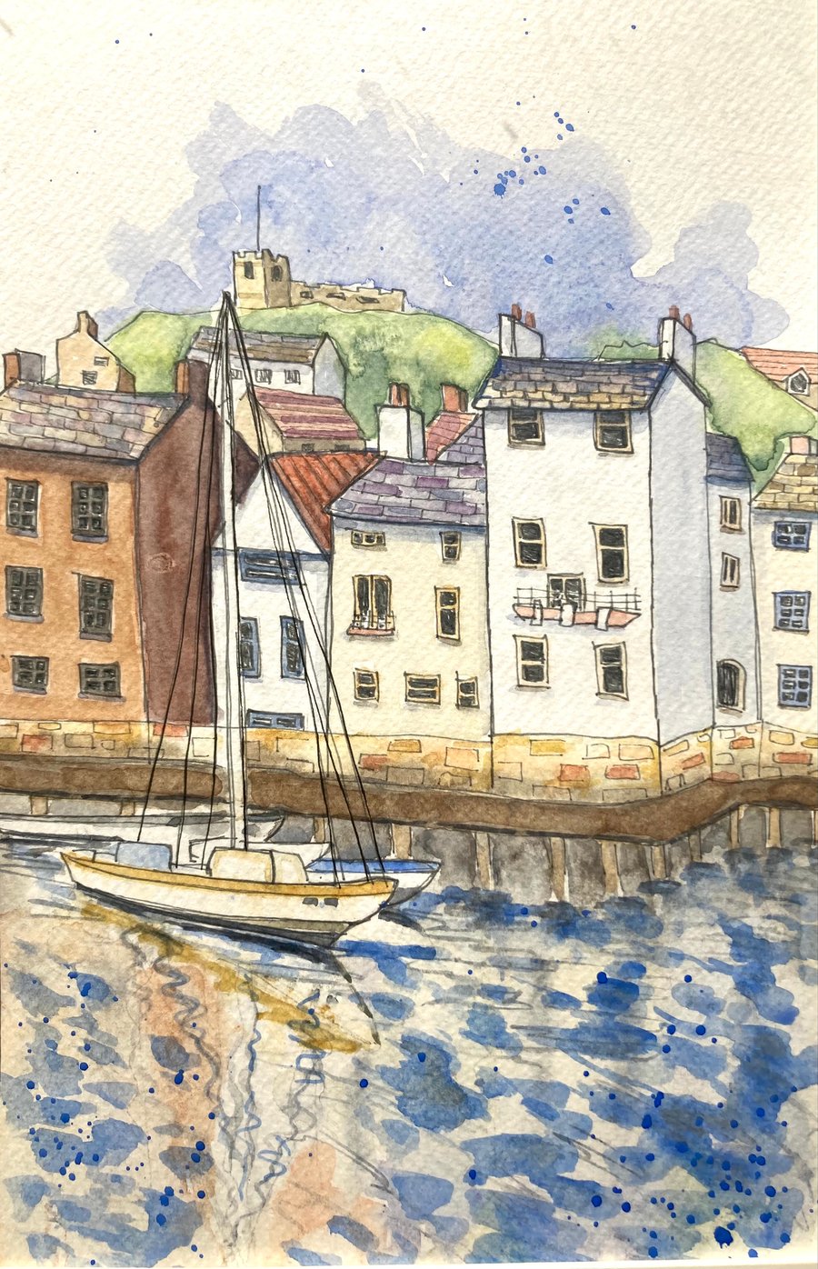 Original A4 Watercolour of Whitby harbour north yorkshire