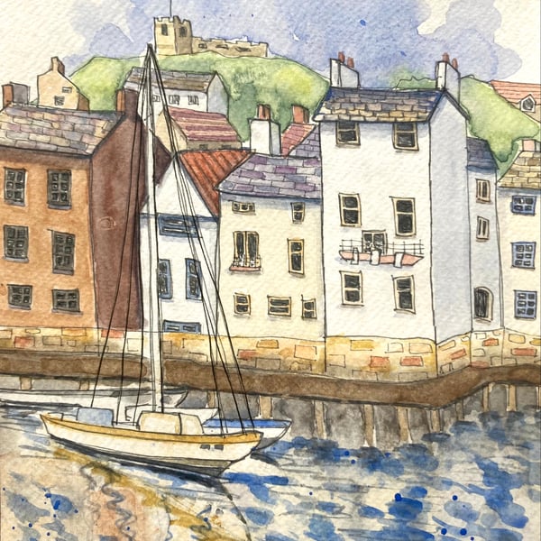 Original A4 Watercolour of Whitby harbour north yorkshire