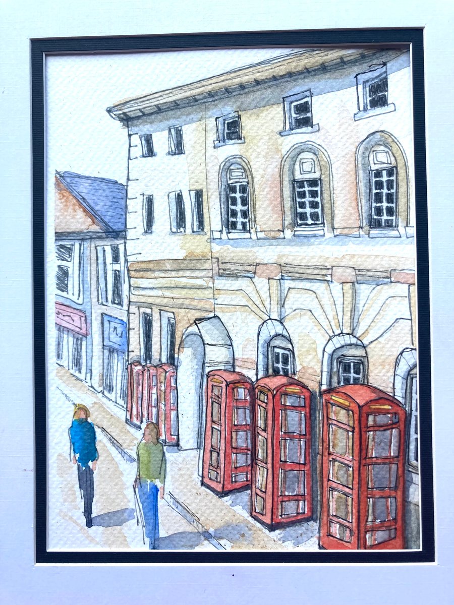 Original A5 watercolour of Blackpool old post office red phone box UK 