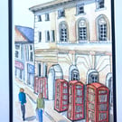 Original A5 watercolour of Blackpool old post office red phone box UK 